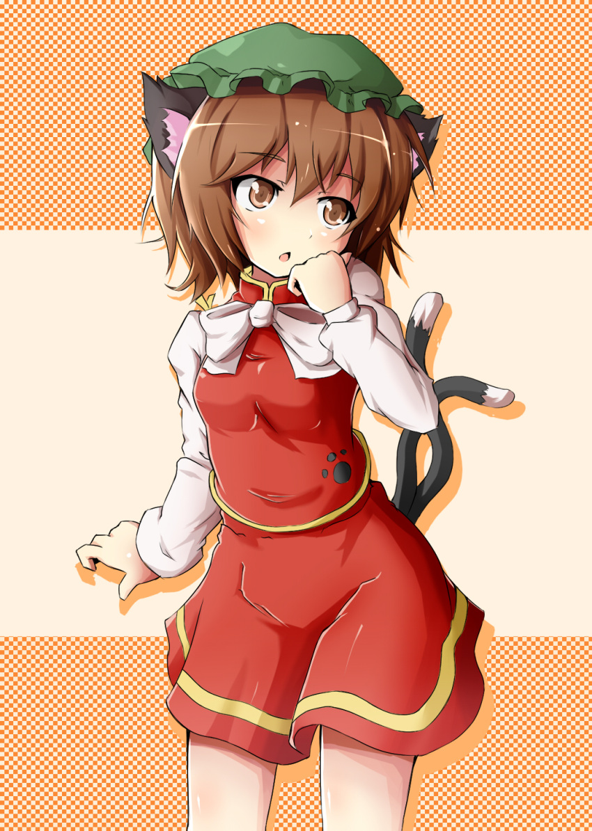 bow brown_eyes brown_hair cat_ears cat_tail chen hat highres multiple_tails rariemonn short_hair solo tail touhou