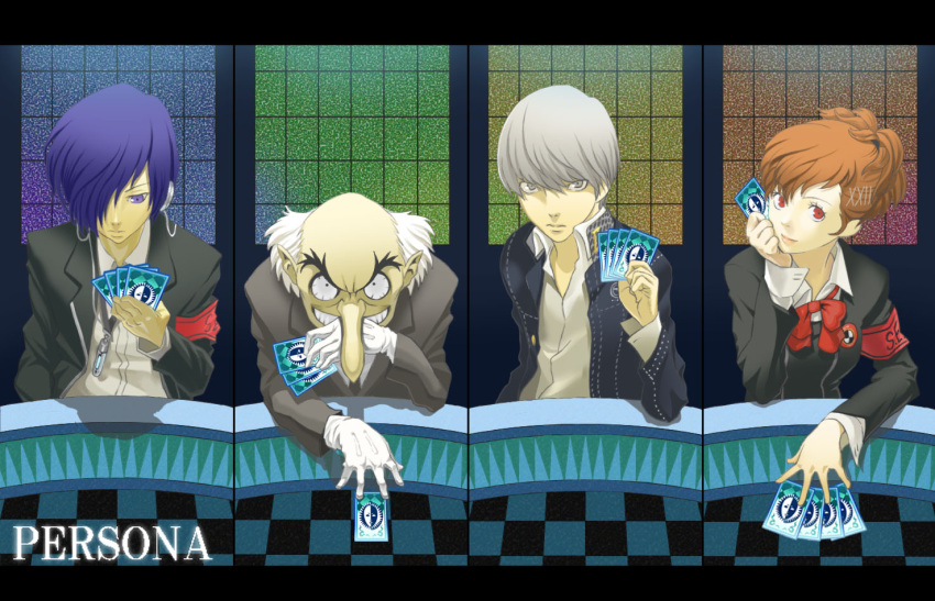 armband black_eyes blue_eyes blue_hair bow brown_hair card cards female_protagonist_(persona_3) funtarunta gloves grey_eyes grey_hair grin hair_ornament hairclip headphones holding holding_card igor jacket narukami_yuu persona persona_3 persona_3_portable persona_4 pointy_ears red_eyes school_uniform seta_souji short_hair smile