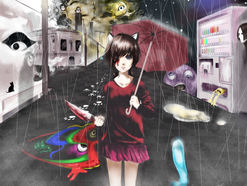 animal_ears black_hair bleeding blob blood blue_eyes braid brown_hair cat cat_ears crazy_eyes creepy eyes footprints ghost highres kasei-san knife madotsuki mouth paw_print pleated_skirt power_lines puddle rain road sekomumasada_sensei skirt smoke star tasei-san train twintails uboa umbrella vending_machine yume_nikki