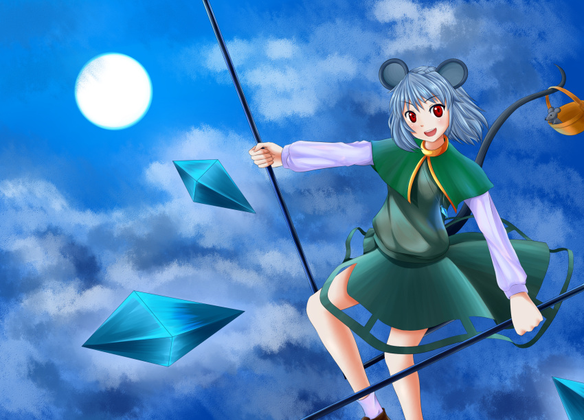 1girl animal_ears artist_request basket capelet clouds cloudy_sky dowsing_rod full_moon gem highres jewelry long_sleeves moon mouse mouse_ears mouse_tail nazrin neckerchief necklace night night_sky open_mouth pendant red_eyes shirt short_hair silver_hair skirt skirt_set sky smile solo tail tail_hold touhou