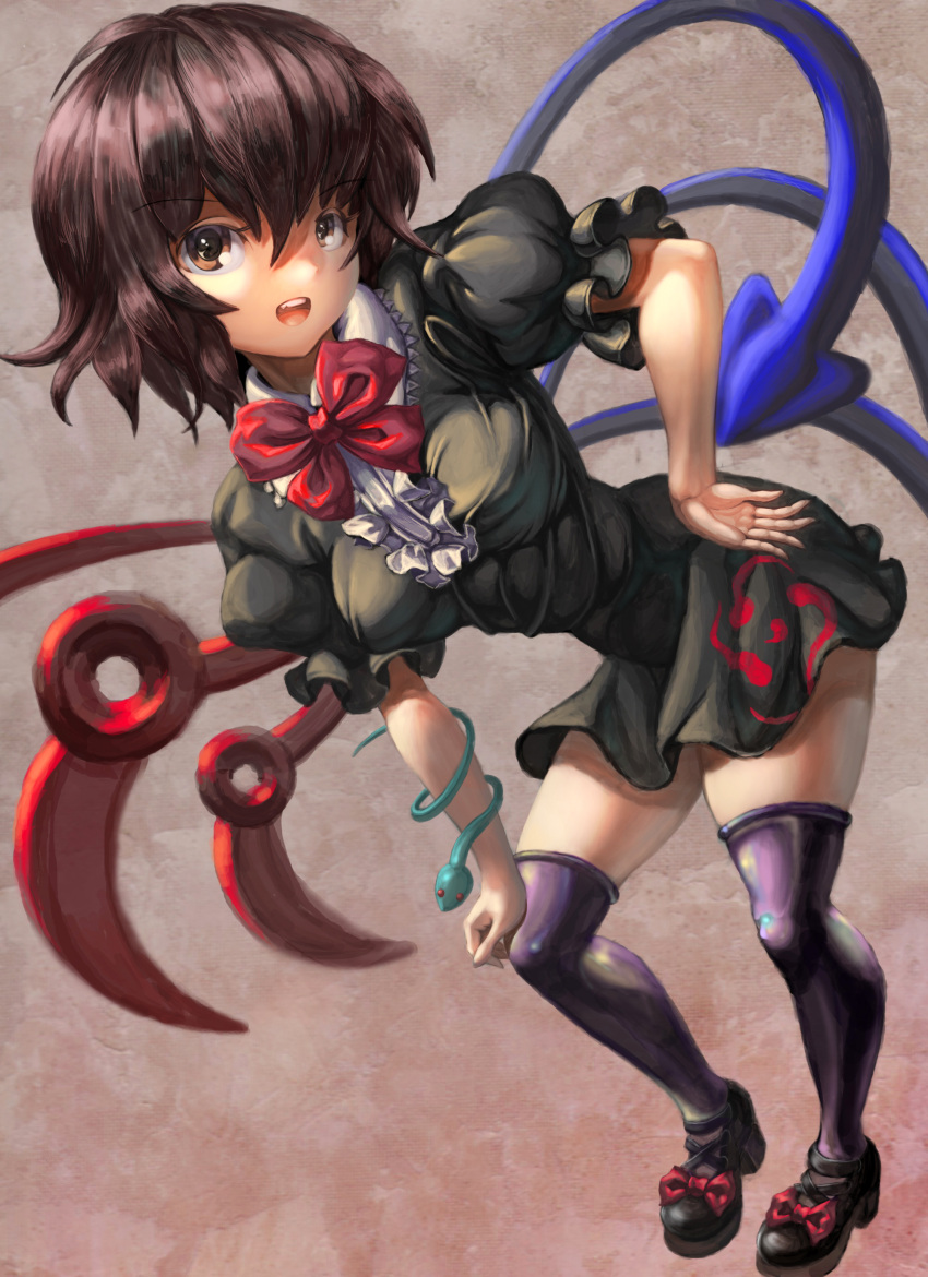 1girl absurdres asymmetrical_wings black_legwear brown_eyes brown_hair dress hand_on_ass highres houjuu_nue open_mouth shoes short_hair smile snake solo syuraime_0 thighhighs touhou wings