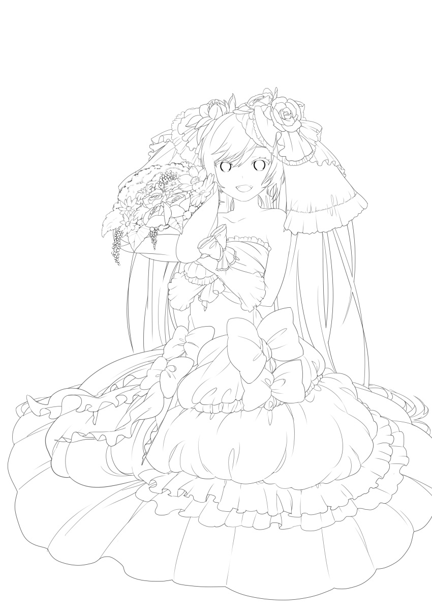 1girl absurdres bouquet bow dress flower hatsune_miku highres kurono_yuu lineart long_hair looking_at_viewer monochrome open_mouth smile solo transparent_background twintails vocaloid