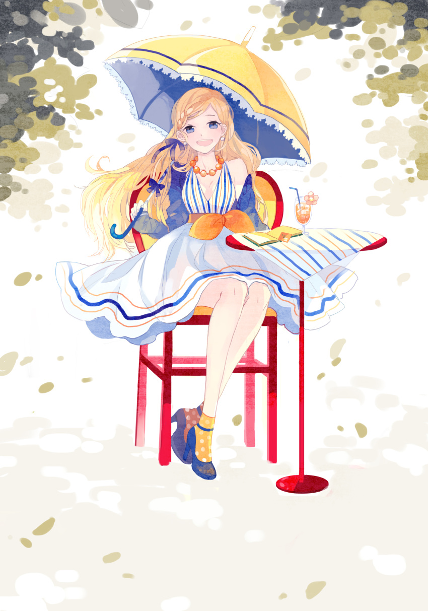 1girl absurdres blonde_hair blue_eyes bow dress hair_bow highres long_hair mig_(36th_underground) open_mouth original sitting smile solo umbrella