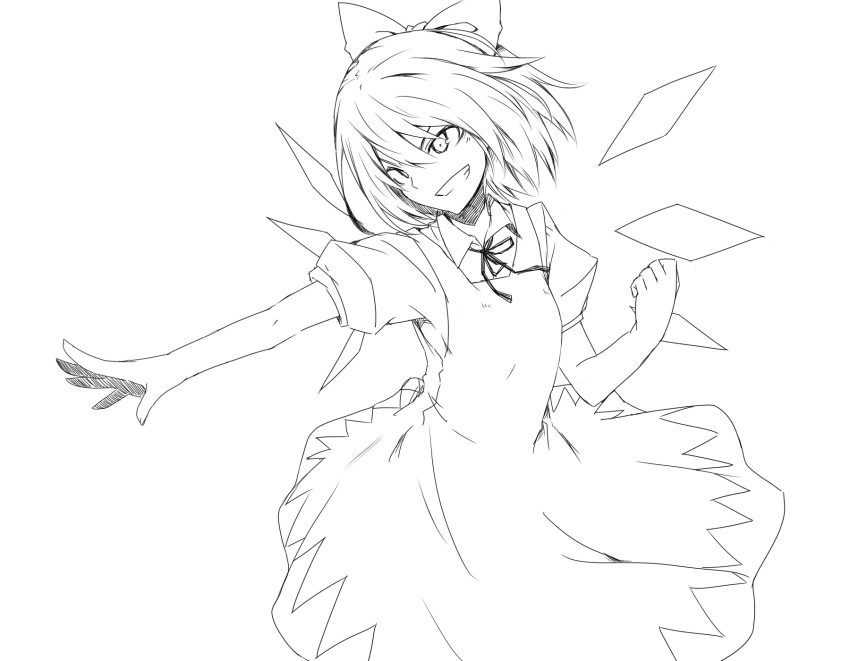 1girl bow cirno grin hair_bow highres lineart monochrome satsumi short_hair smile solo touhou wings