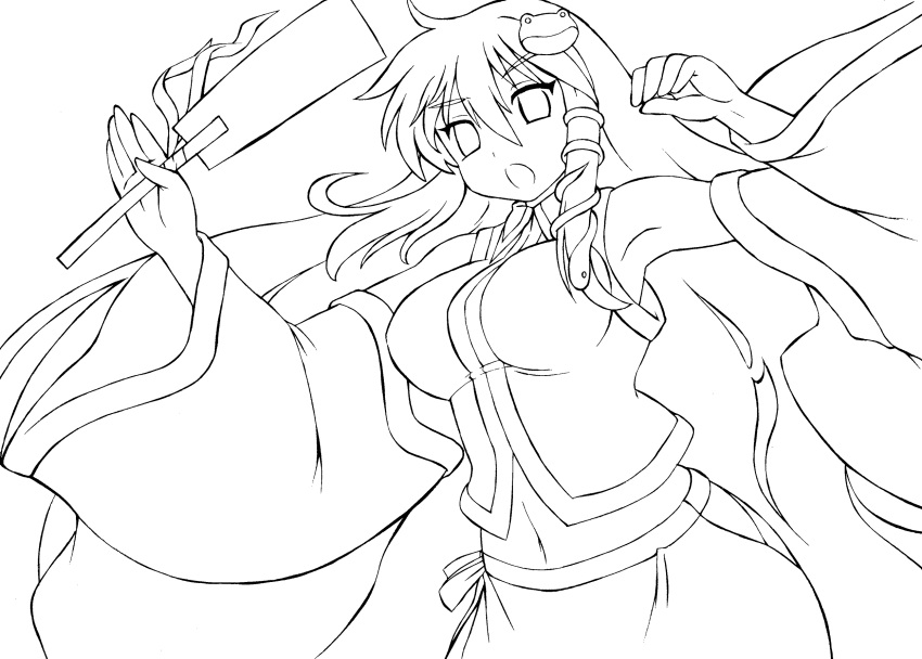 1girl breasts detached_sleeves gomamiso_sti hair_ornament highres kochiya_sanae lineart long_hair monochrome open_mouth snake solo touhou very_long_hair