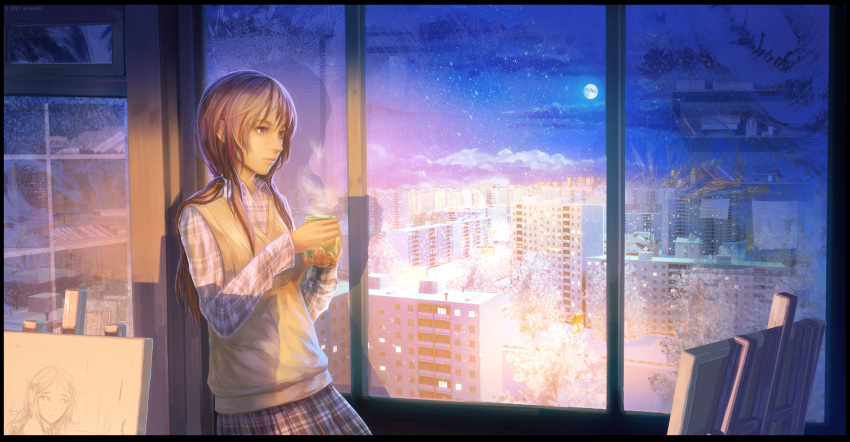 1girl arsenixc border brown_hair building cup easel frosted_glass frown full_moon highres long_hair messy_hair moon mug original pink_eyes ponytail reflection shadow snow solo steam tea window