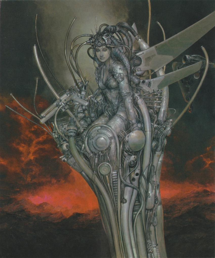 1girl 80s android grey_skin guardic_gaiden gun highres katou_naoyuki lips mechanical_wings official_art oldschool realistic scan solo system_d.p. weapon wings