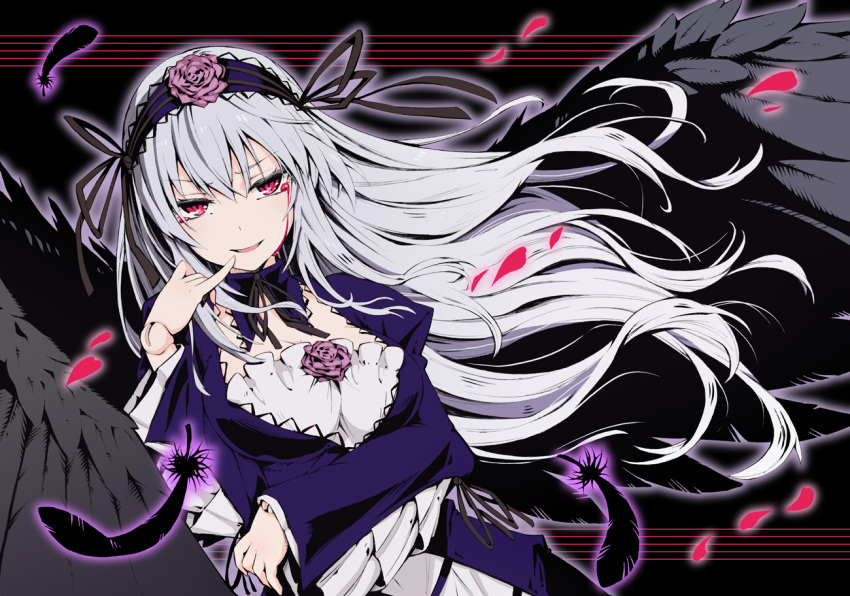 1girl blood bloody_tears breasts cleavage doll_joints dress feathers flower gothic_lolita grin hairband lolita_fashion lolita_hairband long_hair petals pinky_to_mouth red_eyes rialess100 rose rozen_maiden silver_hair smile solo suigintou wings