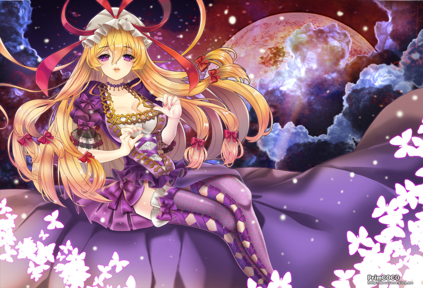1girl adapted_costume blonde_hair breasts butterfly choker cleavage clouds collarbone dress frilled_dress frills glowing hair_ribbon hat hat_ribbon highres large_breasts long_hair looking_at_viewer minidress moon parted_lips pink_nails primcoco puffy_sleeves purple_dress purple_legwear ribbon short_sleeves sitting sky solo star_(sky) thigh-highs touhou tress_ribbon very_long_hair violet_eyes yakumo_yukari zettai_ryouiki