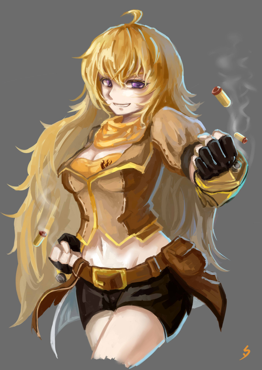 1girl absurdres ahoge belt blonde_hair breasts bullet cleavage fingerless_gloves gauntlets gloves highres long_hair looking_at_viewer rwby signature simple_background smile smoke solo violet_eyes weapon yang_xiao_long yuugyou_you