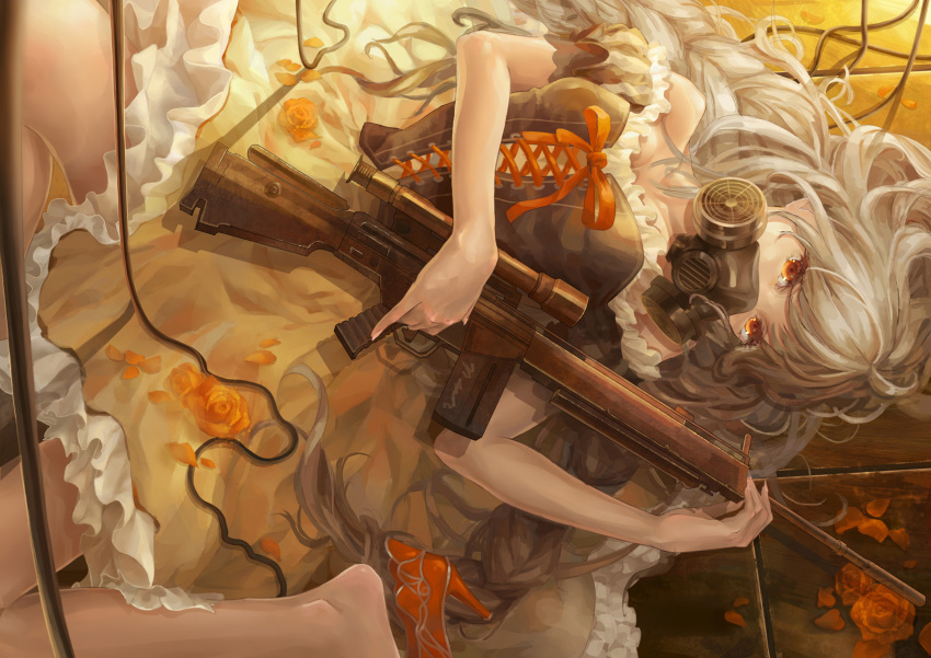 1girl barefoot brown_eyes cross-laced_clothes flower gas_mask gun highres holding long_hair lying msg-90 on_back original petals piyotama red_rose rifle rose silver_hair skirt sniper_rifle solo weapon