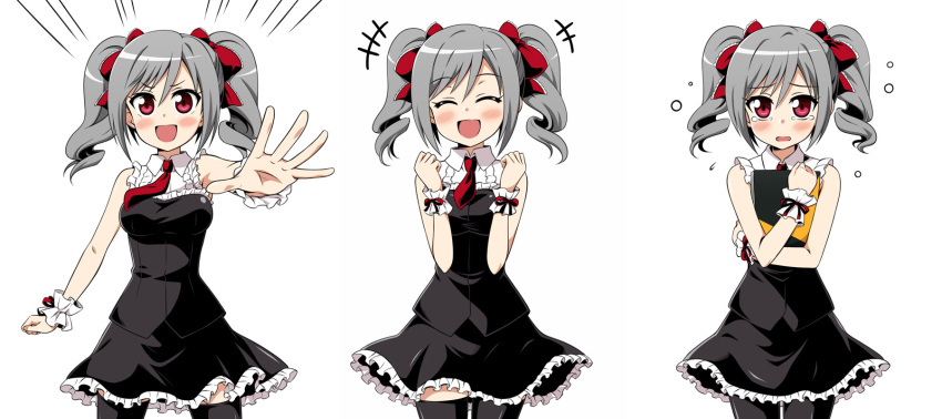 /\/\/\ 3girls black_legwear blush clenched_hands closed_eyes crying drill_hair expressions flying_sweatdrops highres idolmaster idolmaster_cinderella_girls kanzaki_ranko multiple_girls necktie open_mouth outstretched_arms red_eyes short_hair silver_hair skirt sleeveless tears thigh-highs twintails uraichishi white_background wrist_cuffs