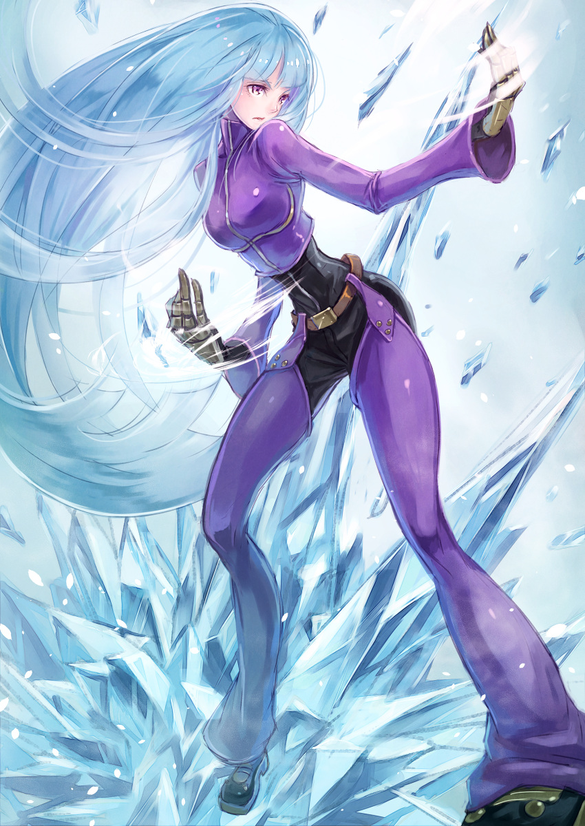 absurdres aqua_hair belt chaps clothed_navel gloves highres ice king_of_fighters kula_diamond lira_mist violet_eyes