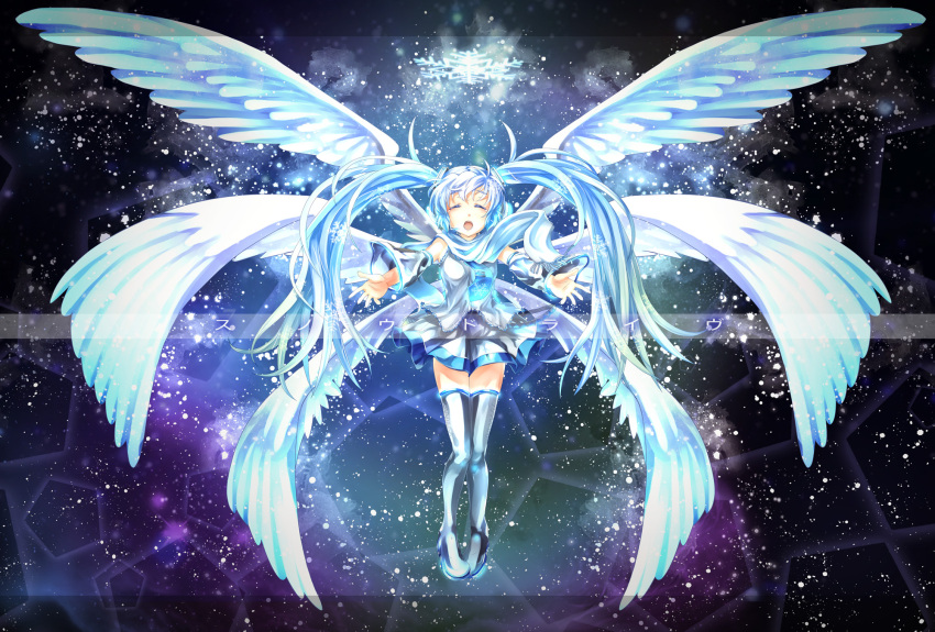 1girl blue_hair boots closed_eyes copyright_name detached_sleeves hatsune_miku headset highres k2pudding long_hair necktie open_mouth outstretched_arms scarf skirt snowflakes solo thigh-highs thigh_boots twintails very_long_hair vocaloid wings