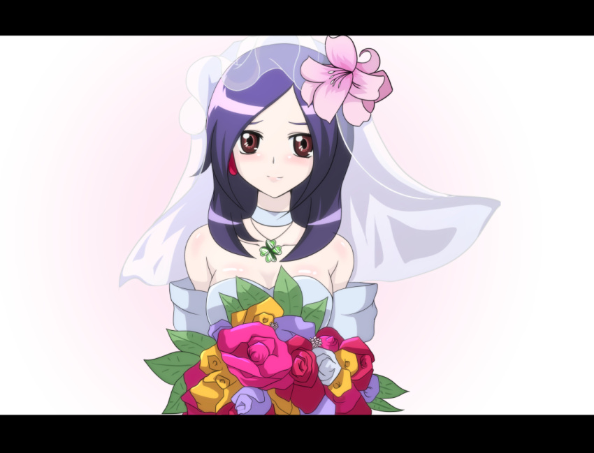 1girl bare_shoulders blush bouquet bride brown_eyes clover commentary dress flower fresh_precure! hair_flower hair_ornament higashi_setsuna jewelry kairi_(fotune) leaf letterboxed light_smile lipstick makeup necklace precure purple_hair simple_background solo veil wedding_dress white_background