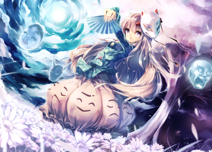 1girl bow bubble_skirt cherry_blossoms expressionless face_mask fan field flower flower_field fox_mask hata_no_kokoro highres long_hair long_sleeves looking_at_viewer mask outstretched_arm petals pink_eyes pink_hair shirt skirt solo teco_uk touhou tree very_long_hair wide_sleeves