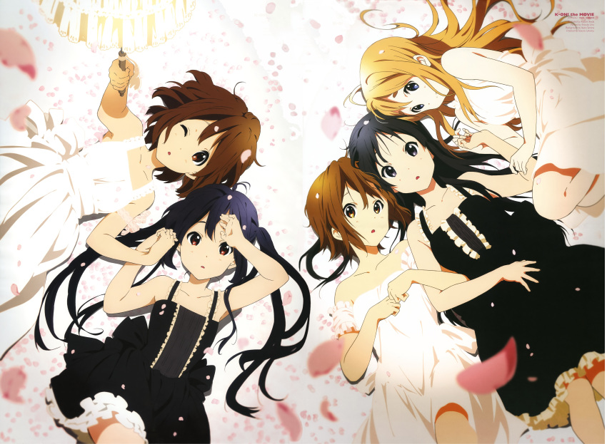 5girls absurdres akiyama_mio bare_shoulders black_dress black_eyes black_hair blonde_hair blue_eyes brown_eyes brown_hair cherry_blossoms dress highres hirasawa_yui holding_hands horiguchi_yukiko huge_filesize k-on! k-on!_movie kotobuki_tsumugi long_hair lying multiple_girls nakano_azusa official_art on_back on_side open_mouth petals scan short_hair smile tainaka_ritsu twintails umbrella white_dress wink