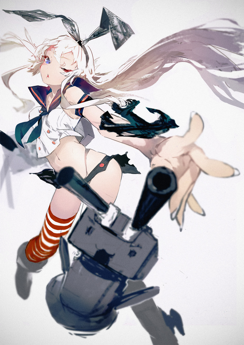 1girl blonde_hair blue_eyes blurry blush cannon crop_top depth_of_field floating_hair hairband highleg highleg_panties highres kantai_collection navel outstretched_arm outstretched_hand panties parted_lips personification sailor_collar shimakaze_(kantai_collection) solo striped striped_legwear sugimoto_gang underwear wink