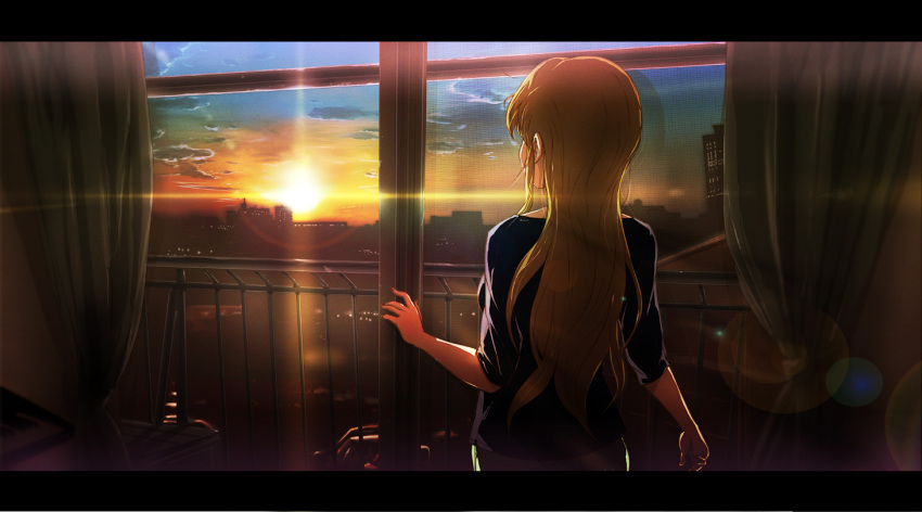 1girl 71 blonde_hair cityscape clouds from_behind instrument k-on! keyboard_(instrument) kotobuki_tsumugi lens_flare letterboxed long_hair sky solo sun twilight window