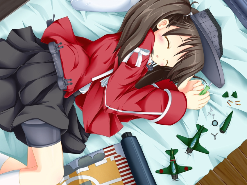 1girl a6m_zero aircraft aircraft_carrier airplane bed brown_hair closed_eyes kantai_collection long_hair model personification pillow propeller ribbon ryuujou_(kantai_collection) sabune_bon screwdriver shorts_under_skirt skirt sleeping solo twintails