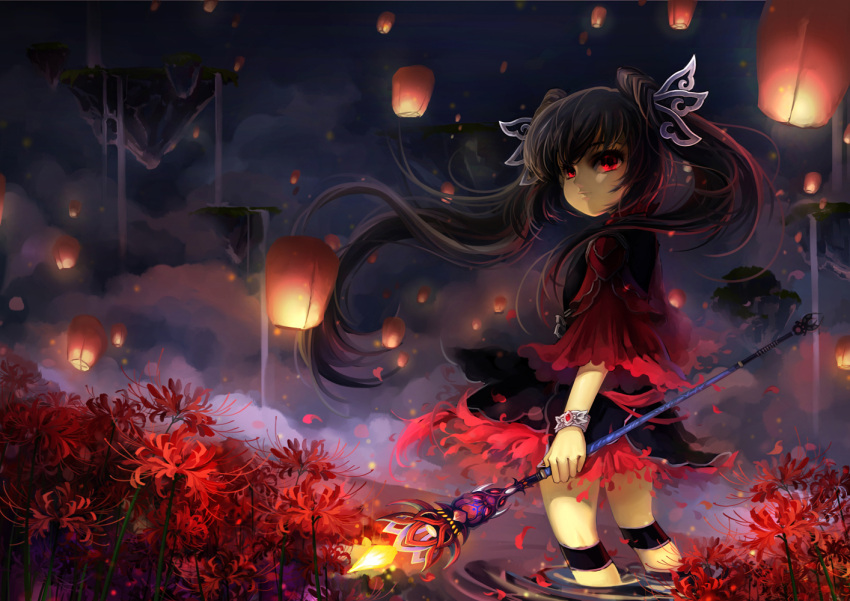 1girl black_hair clouds flower huazha01 lantern long_hair looking_at_viewer night original red_eyes skirt solo twintails wading wand water