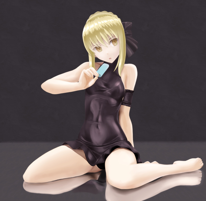 1girl absurdres arm_behind_back arm_garter bare_legs black_swimsuit blonde_hair bow fate/stay_night fate_(series) hair_bow highres holding open_mouth popsicle reflective_floor saber saber_alter short_hair simple_background sitting solo swimsuit takahirokun wariza yellow_eyes