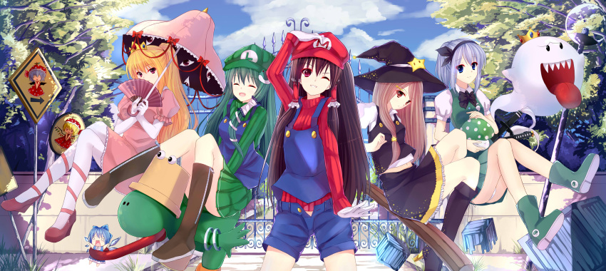 6+girls :p absurdres bai_kongque blonde_hair blush boots box breasts broom broom_riding brown_hair cirno closed_eyes clouds cosplay crown dress earrings elbow_gloves fan flandre_scarlet folding_fan frog_hair_ornament gate ghost gloves green_hair hair_ornament hair_tubes hat highres hitodama jewelry king_boo kirisame_marisa kochiya_sanae long_hair long_sleeves luigi luigi_(cosplay) mario mario_(cosplay) mario_bros. minigirl multiple_girls mushroom pantyhose parasol parody pink_dress piranha_plant piranha_plant_(cosplay) ponytail princess_peach princess_peach_(cosplay) pyonta red_eyes remilia_scarlet short_hair shorts skirt sky smile star street_sign super_mario_bros. teeth tongue touhou tree umbrella vest violet_eyes white_legwear yoshi