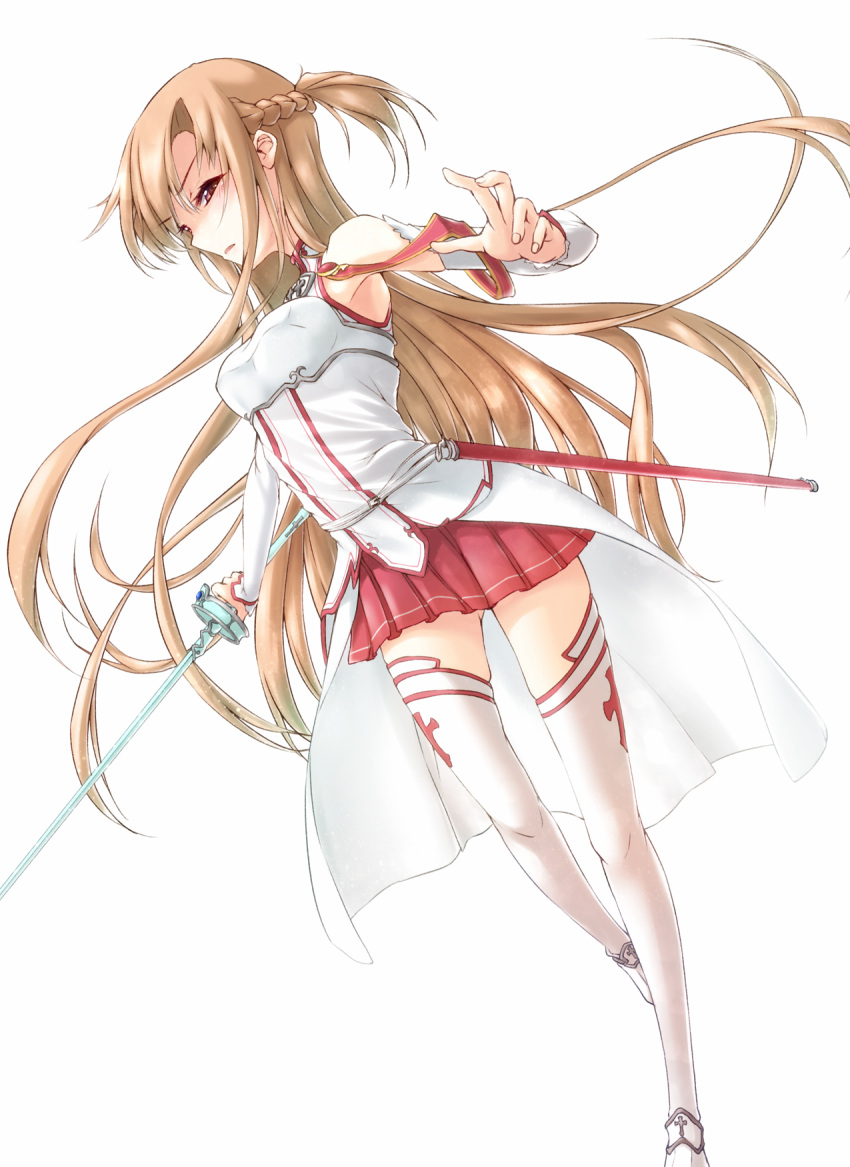 1girl asahi_(ge_nyu) asuna_(sao) breastplate brown_eyes brown_hair detached_sleeves highres long_hair rapier sword sword_art_online thigh-highs weapon yuuki_asuna