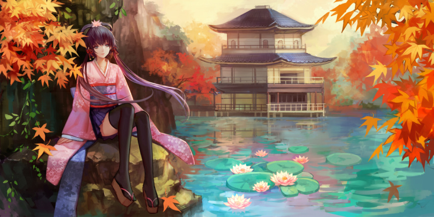 1girl asukaziye east_asian_architecture flower green_eyes hair_flower hair_ornament hair_rings leaf lily_pad long_hair luo_tianyi solo vocaloid vocaloid_china water
