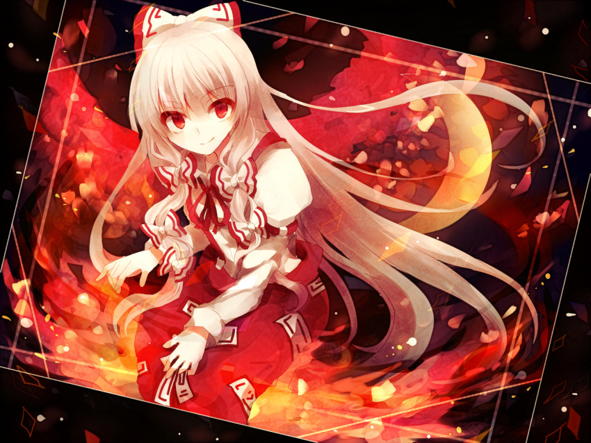 1girl bow fire frame fujiwara_no_mokou hair_bow hair_ribbon juliet_sleeves kinona long_hair long_sleeves looking_at_viewer pants puffy_sleeves red_eyes ribbon shirt silver_hair smile solo suspenders touhou tress_ribbon very_long_hair