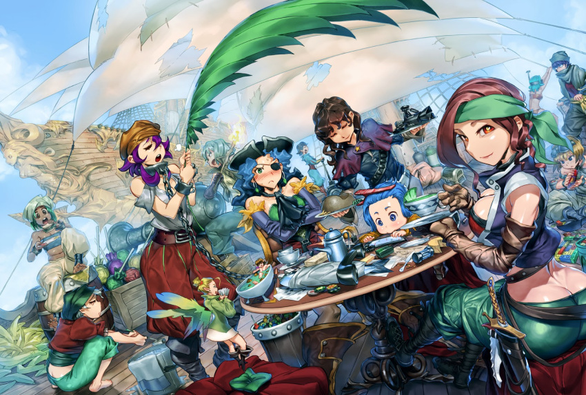 6+girls :&lt; aqua_hair ass banana bandana bare_shoulders barefoot black_hair blonde_hair blue_eyes blue_hair blush boots breasts brown_hair bucket bucket_of_water candy cannon chain chained cleavage cup curly_hair dagger elbow_gloves eyepatch fairy fairy_wings fire food fruit gloves green_hair hair_ornament hat highres jewelry knife leaf lego lollipop long_hair multiple_girls open_mouth original pirate pointy_ears purple_hair red_eyes saejin_oh ship short_hair smile tagme teacup torch treasure_chest tricorne weapon wings