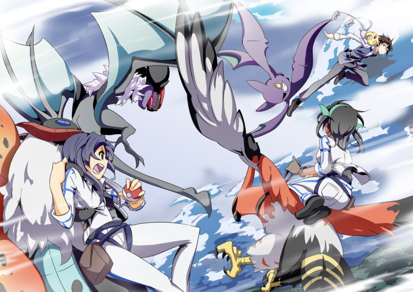 aerial_battle battle clouds crobat fly highres noivern pokemon pokemon_(game) pokemon_battle pokemon_trainer pokemon_xy riding sky tagme tail talonflame uxie volcarona wings yuuichi_(reductionblack)