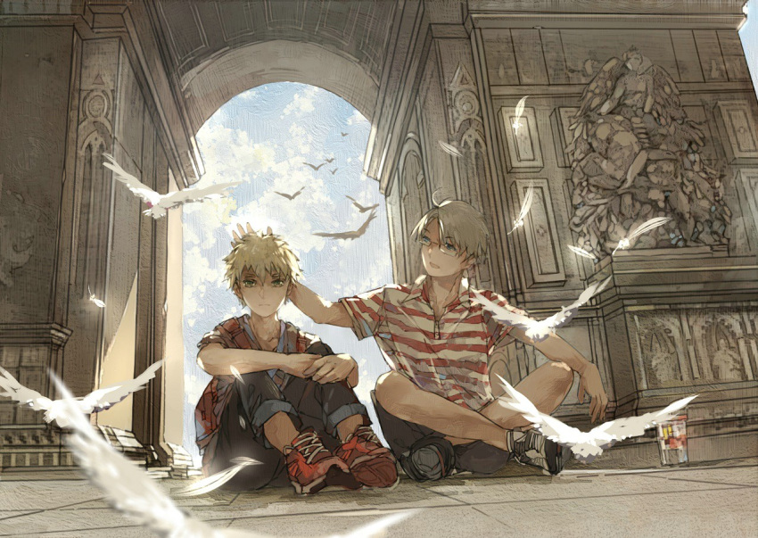 america_(hetalia) axis_powers_hetalia bird blue_eyes building feathers glasses green_eyes hand_on_another's_head hands_together indian_style leg_hug light_brown_hair looking_at_viewer pigeon shirt shoes short_hair shorts sitting sky sneakers striped striped_shirt united_kingdom_(hetalia) xiaohan6th