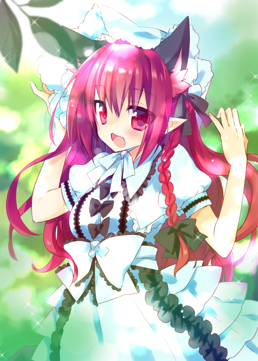 1girl :d alternate_costume animal_ears blush braid cat_ears extra_ears fang highres kaenbyou_rin long_hair looking_at_viewer mao_(alepricos) open_mouth pointy_ears red_eyes redhead smile solo tail touhou twin_braids