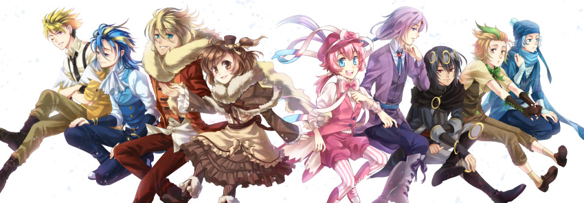 1girl 6+boys aqua_eyes ascot black_hair blonde_hair blue_eyes blue_hair bow brown_eyes brown_hair eevee espeon flareon fur_coat glaceon green_eyes hat highres jolteon leafeon long_sleeves lowah multicolored_hair multiple_boys necktie open_mouth personification pink_hair pokemon ponytail purple_hair red_eyes ribbon scarf smile sylveon umbreon vaporeon violet_eyes white_background winter_clothes