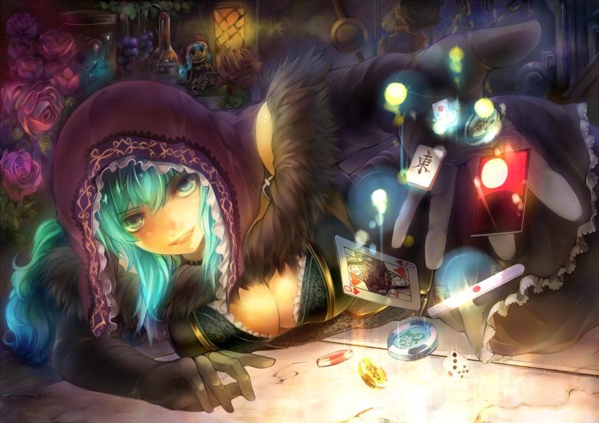 1girl aqua_eyes aqua_hair bottle breasts card chain cleavage dice doll elbow_gloves flower food fruit fur_trim gears gloves grapes grin hood lantern large_breasts long_hair luco_san mahjong mahjong_tile on_floor original outstretched_arm playing_card poker_chips rose shawl smile solo stone_floor