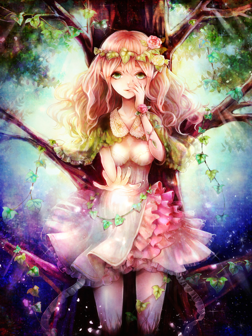 1girl clona dress flower green_eyes hair_ornament highres long_hair original pink_hair pointy_ears rose solo tree vines