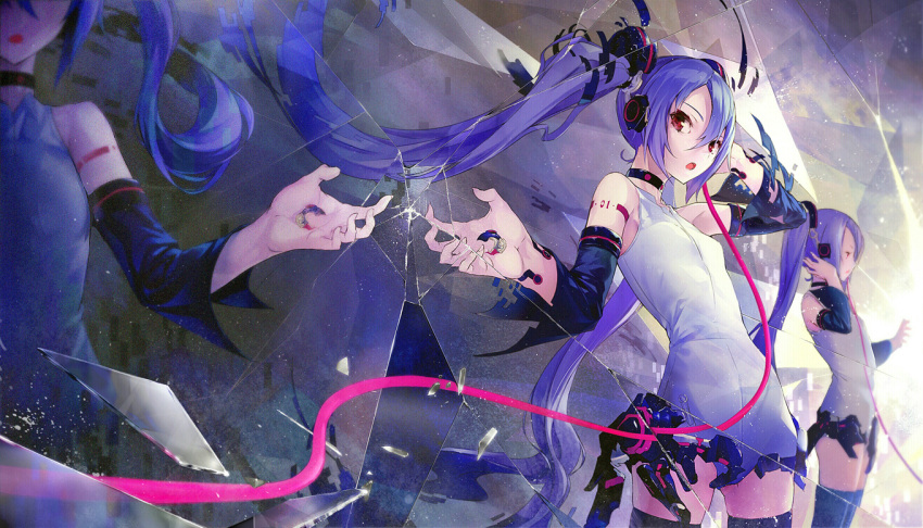 1girl blue_hair detached_sleeves hatsune_miku long_hair red_eyes shouin solo thighhighs twintails vocaloid