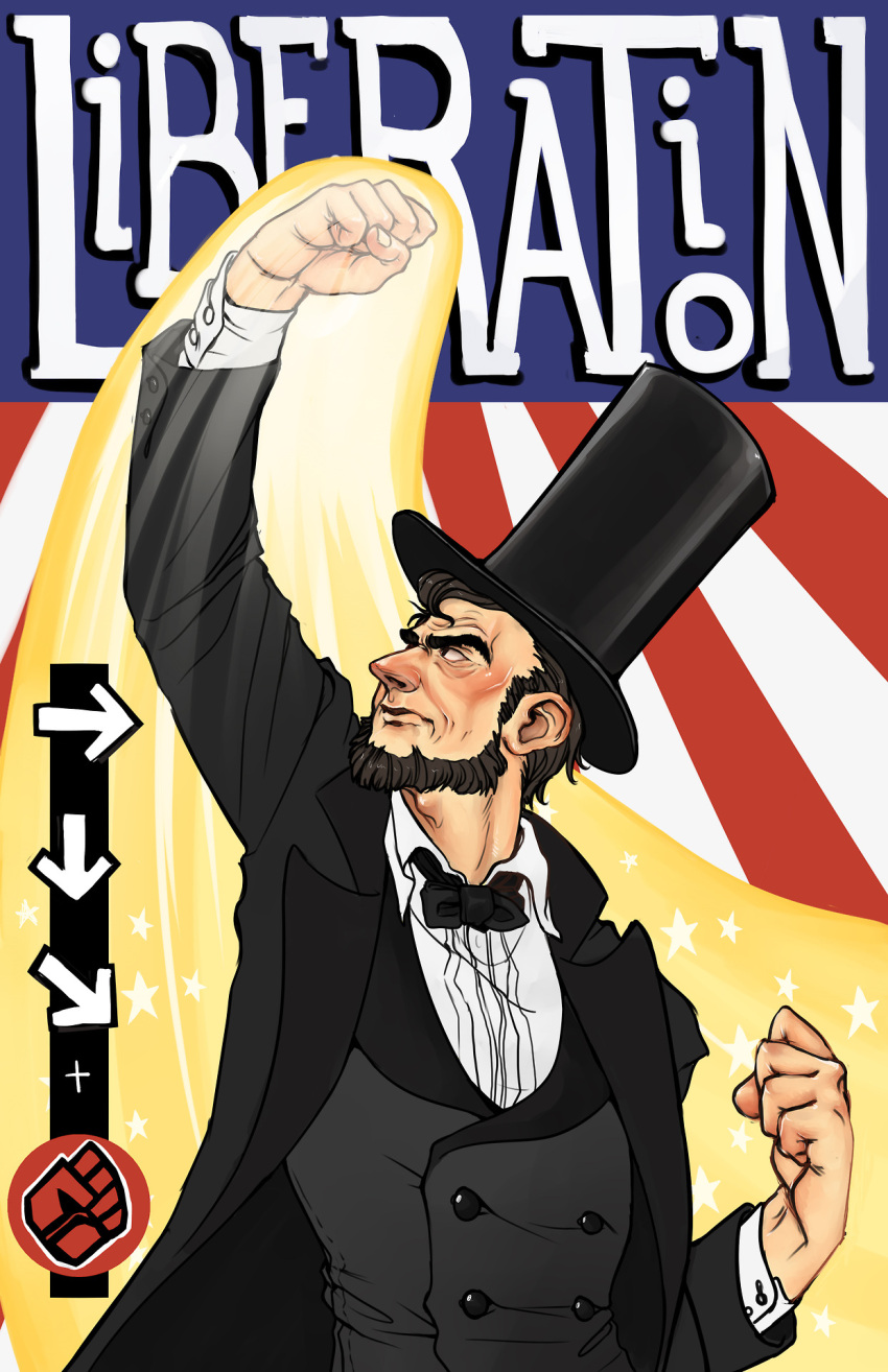 abraham_lincoln america american_flag beard bowtie buttons clenched_hands daniella_mccole dress_shirt eyebrows facial_hair hat highres long_coat parody shirt shouryuuken solo street_fighter thick_eyebrows top_hat uppercut