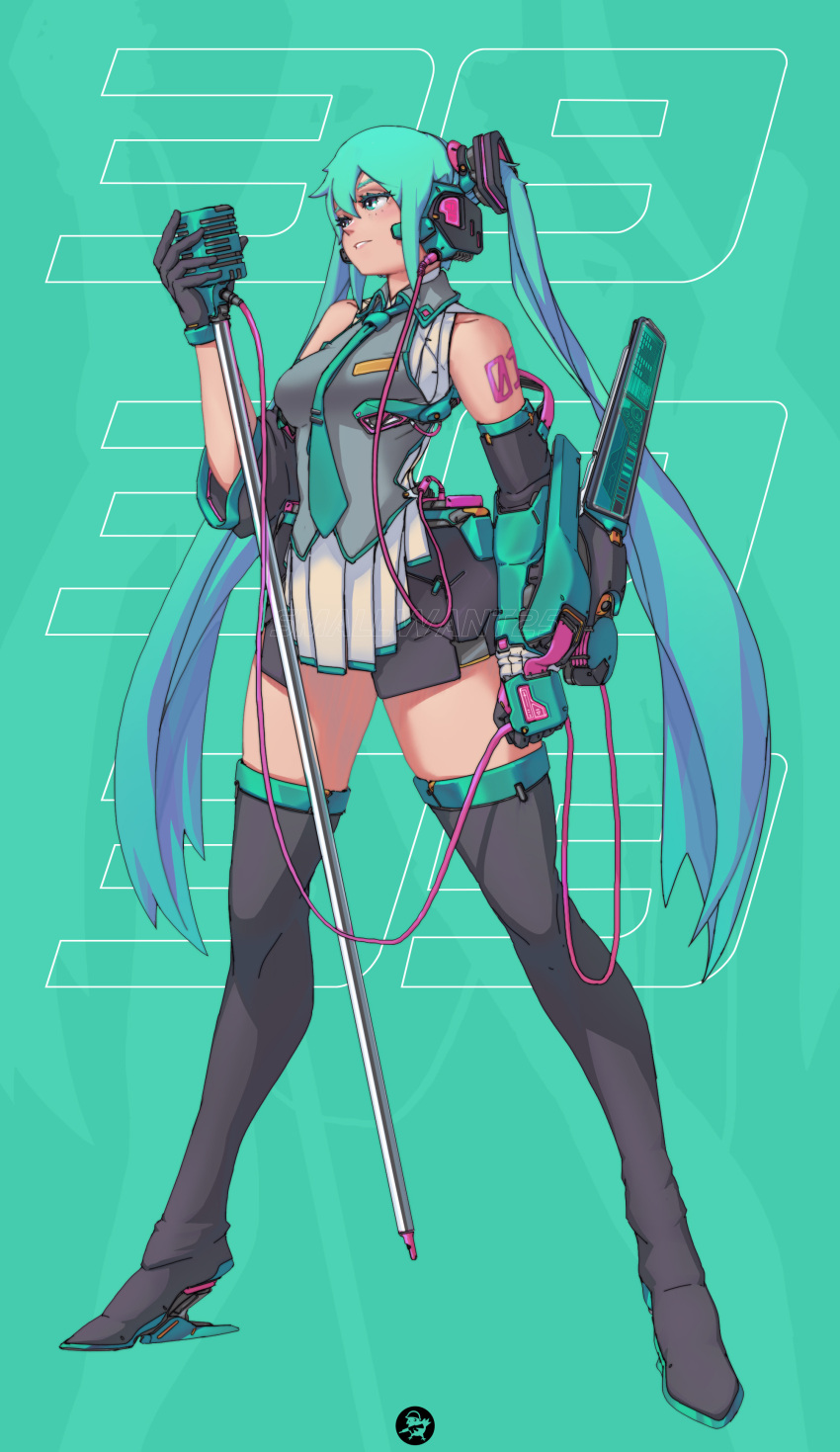 1girl 39 absurdres arm_tattoo artist_name bangs blue_eyes blue_hair blue_neckwear boots breasts cable hair_between_eyes hatsune_miku highres holding holding_cable holding_microphone long_hair looking_up md5_mismatch mecha_musume medium_breasts microphone microphone_stand necktie smallwant25 solo tattoo thigh-highs thigh_boots twintails very_long_hair vocaloid watermark