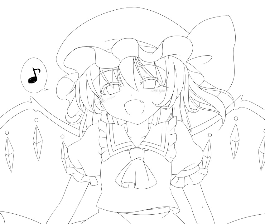 1girl :d absurdres ascot blush fang flandre_scarlet haruki_5050 hat hat_ribbon highres lineart looking_at_viewer monochrome musical_note open_mouth ribbon short_hair side_ponytail smile solo spoken_musical_note touhou wings