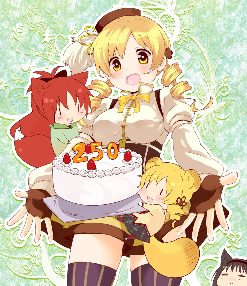 3girls akemi_homura animal_ears beret blonde_hair bow bowtie cake chibi collaboration collaboration_request drill_hair fingerless_gloves food fruit gloves hair_ornament hat highres mahou_shoujo_madoka_magica multiple_girls nori_senbei open_mouth outstretched_arms outstretched_hand sakura_kyouko school_uniform smile spread_arms strawberry tail thigh-highs tomoe_mami twin_drills vertical-striped_legwear vertical_stripes yellow_eyes |_|