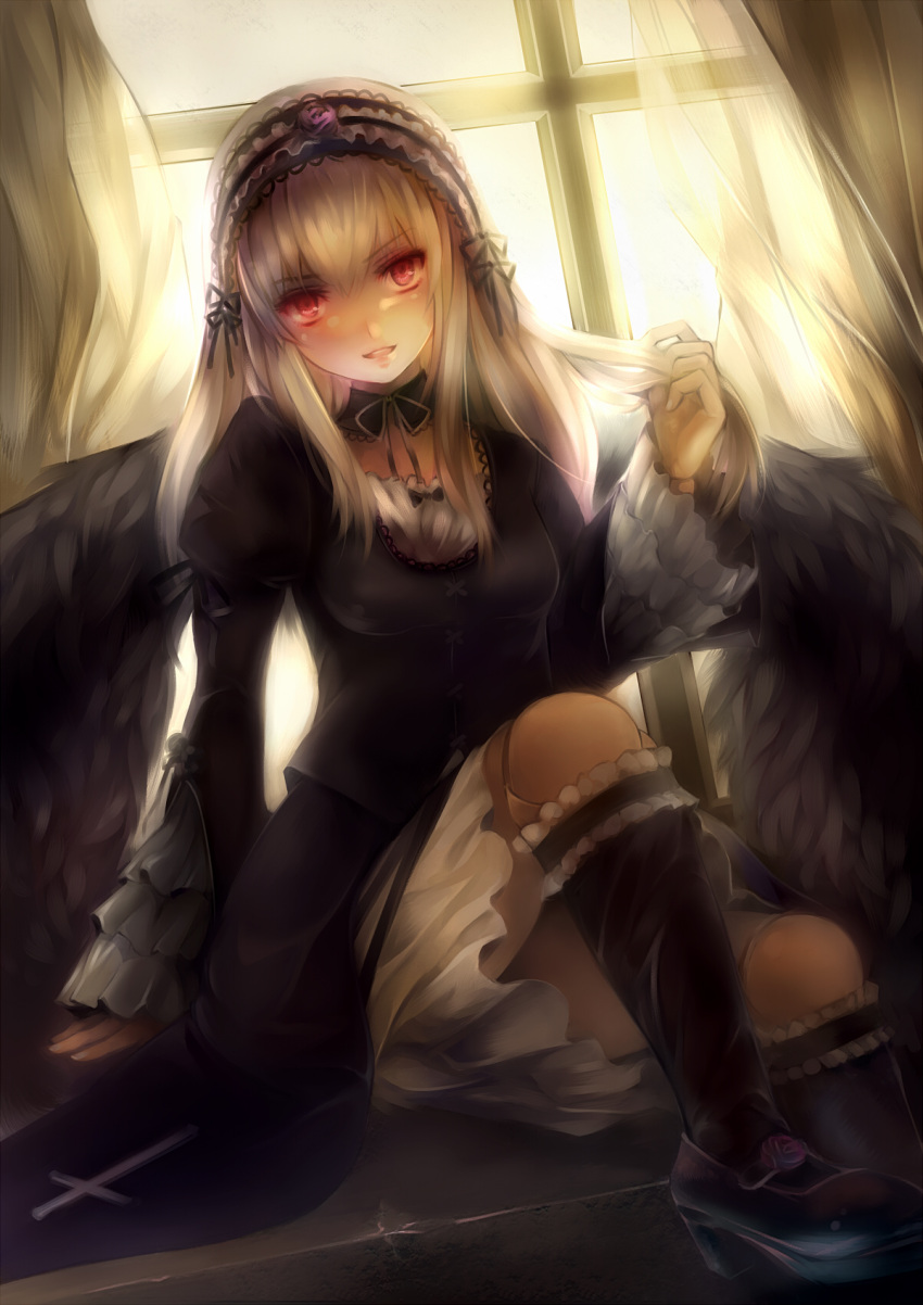 1girl black_dress blush boots doll_joints dress flower frills gothic_lolita hairband highres lolita_fashion long_hair luco_san open_mouth red_eyes rozen_maiden shiny shiny_skin silver_hair sitting solo suigintou wings