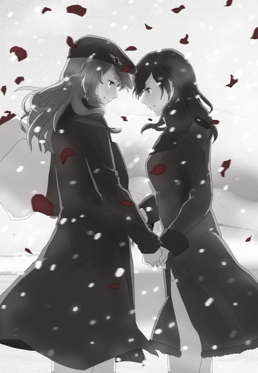 2girls charlotte_e_yeager couple eye_contact gertrud_barkhorn hat highres holding_hands interlocked_fingers kisetsu light_smile long_hair looking_at_another military_cap military_jacket monochrome multiple_girls petals profile snow snowing spot_color strike_witches winter_coat yuri