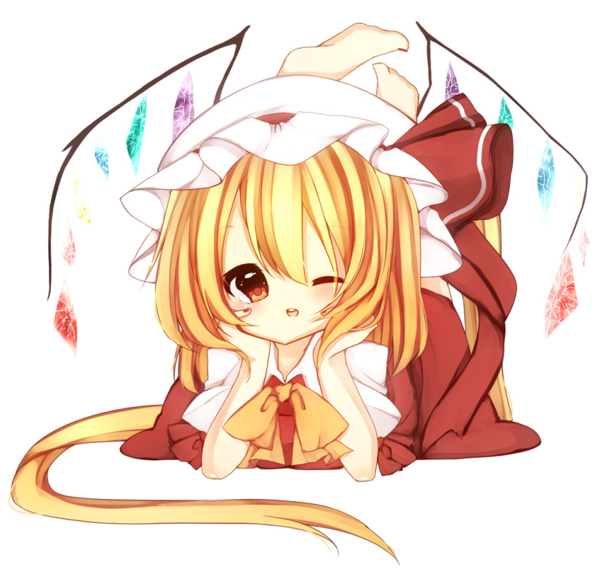 1girl a-iueo arm_support barefoot blonde_hair bow dress flandre_scarlet hat hat_ribbon legs_up looking_at_viewer lying on_stomach open_mouth red_dress red_eyes ribbon short_sleeves side_ponytail simple_background smile solo touhou white_background wings wink