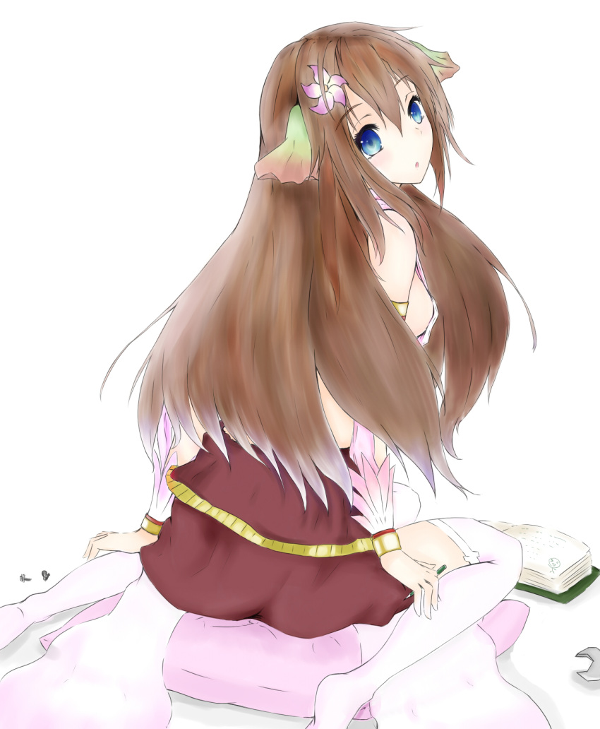 1girl :o animal_ears blue_eyes book bracelet breasts brown_hair ciel_nosurge flower from_behind hair_flower hair_ornament highres ionasol jewelry kou_mashiro long_hair looking_back open_book pencil pillow sideboob sitting sitting_on_pillow solo surge_concerto thigh-highs wariza white_legwear