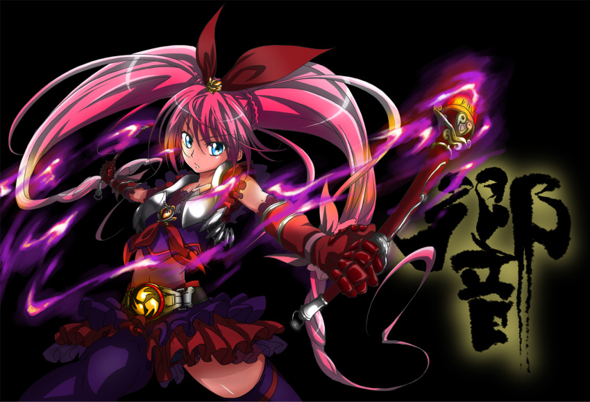 1girl belt black_background blue_eyes cure_melody dark female gloves houjou_hibiki izuna_nie kamen_rider kamen_rider_hibiki kamen_rider_hibiki_(series) kanji long_hair midriff namesake outstretched_arms pink_hair precure solo spread_arms suite_precure thigh-highs twintails