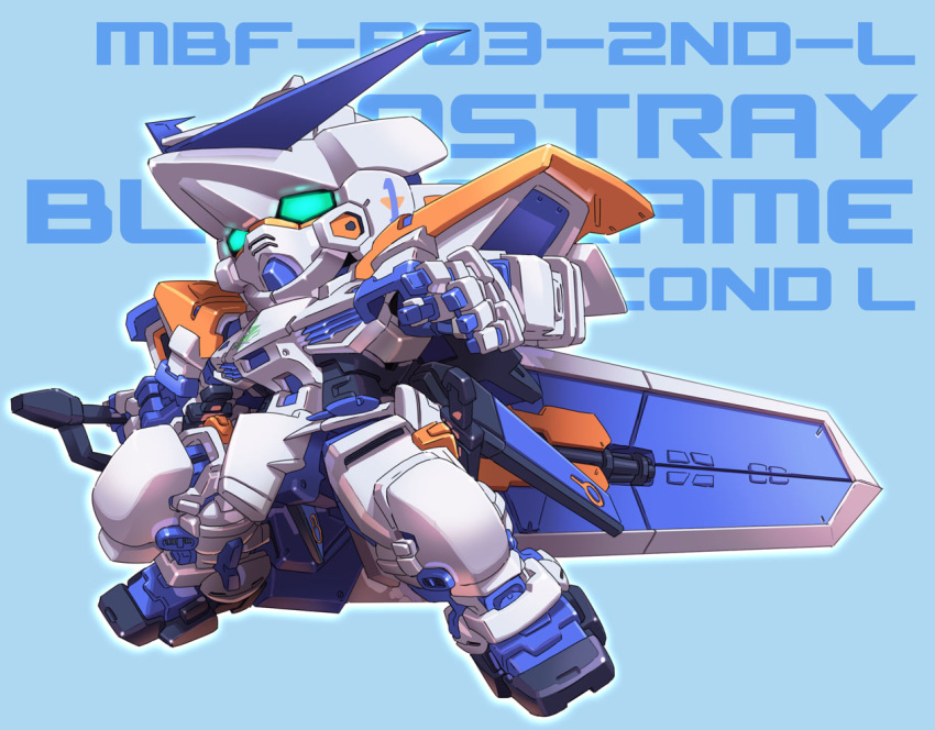 blue_background character_name chibi gundam gundam_astray_blue_frame gundam_seed gundam_seed_astray huge_weapon king_of_unlucky mecha no_humans simple_background solo sword weapon