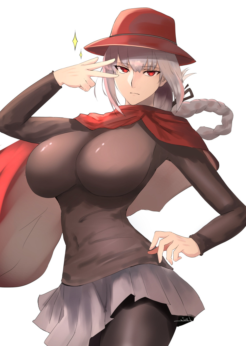 1girl absurdres aya_roushi bangs breasts brown_legwear brown_shirt commission fate/grand_order fate_(series) florence_nightingale_(fate) grey_skirt hat heroic_spirit_traveling_outfit highres large_breasts long_hair long_sleeves looking_at_viewer pantyhose pink_hair red_eyes red_headwear red_scarf scarf shirt skeb_commission skirt solo sparkle w