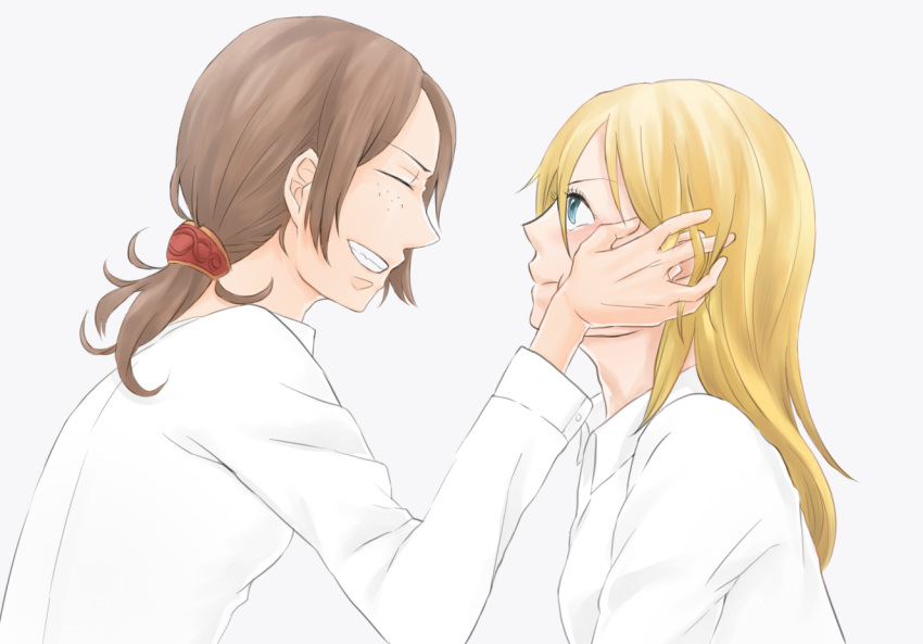 2girls :t blonde_hair brown_hair christa_renz closed_eyes ec-06 freckles grin hand_on_another's_cheek hand_on_another's_face long_sleeves multiple_girls ponytail profile shingeki_no_kyojin short_hair side simple_background smile white ymir_(shingeki_no_kyojin)